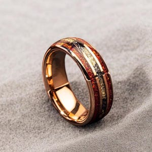 Red Opal with Meteorite & Gold Leaf Flakes Rose Gold Men Wedding Band , 8mm Tungsten Carbide Ring , Men Opal Ring , Cosmos Promise Ring Him