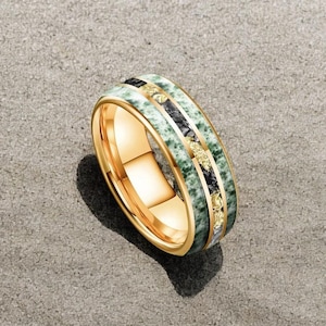 Moss Agate Meteorite Tungsten Ring: Gold Foil Inlay Wedding Band