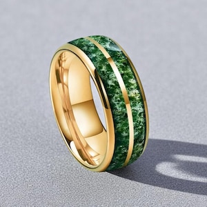 Double Groove Green Moss Agate Inlay Tungsten Ring | Moss Agate Gold Band | Matching Couple Ring | Moss Agate Promise Ring | 8mm Comfort Fit