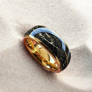 Gold Flakes & Sandstone Men 8mm Tungsten Wedding Ring, Gold Wedding Band, Men Wedding Ring Gold Accent, Promise Band, Statement Ring