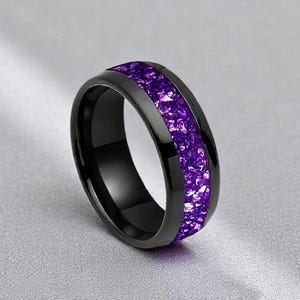 Purple Amethyst Black Tungsten Ring, Gemstone Men Ring, Men Women Wedding Band, Crushed Amethyst Wedding Band, Promise Couple Ring, 8mm Ring