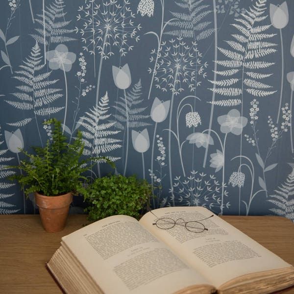 SAMPLE Charlotte's Garden wallpaper in 'Inkwell' by Hannah Nunn, a deep blue floral wall covering inspired by the Bronte garden