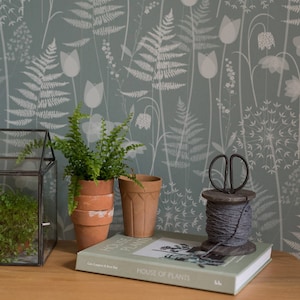 Charlotte's Garden wallpaper in 'heath' by Hannah Nunn, a green floral, botanical wall covering inspired by the Bronte sisters garden image 1