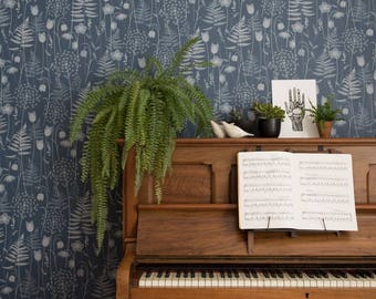 Charlotte's Garden wallpaper in 'Inkwell' by Hannah Nunn, a bold, deep blue floral wall covering inspired by the Bronte sisters garden