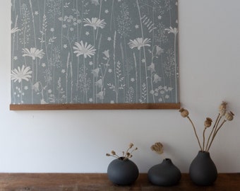 A ONE METRE piece of wallpaper for your project - Daisy Meadow in moonrise' a faded denim blue pattern with ox eye daisies and grasses