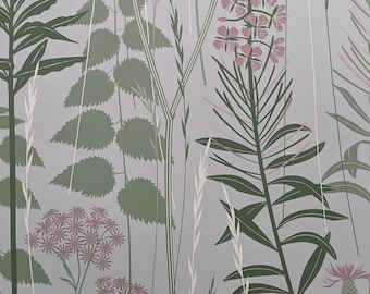 Wild Edge wallpaper in 'full bloom' by Hannah Nunn // a pink and green botanical wild flower nature wallpaper