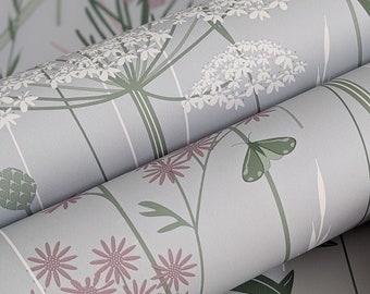 SAMPLE of Wild Edge in 'full bloom' by Hannah Nunn // a pink, green and pale blue botanical wild flower nature wallpaper