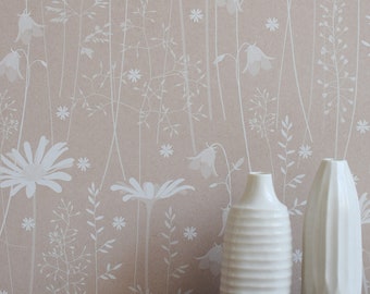 A ONE METRE piece of wallpaper for your project - Daisy Meadow in 'dusk' a soft pink pattern with ox eye daisies and grasses