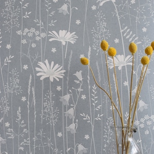 SAMPLE Daisy Meadow wallpaper in 'moonrise' by Hannah Nunn, a dusky blue, floral meadow wall covering with daisies, harebells and grasses image 1