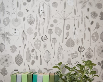 A ONE METRE piece of wallpaper for your project - Tiny Treasures in 'dove' a grey toned pattern with leaves, seeds and other nature finds