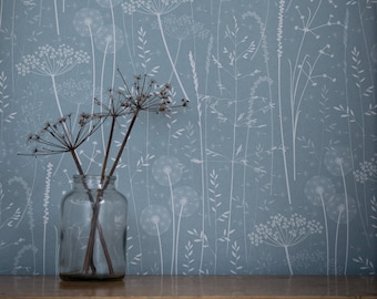 Paper Meadow wallpaper in &#39;teal&#39; by Hannah Nunn, a blue floral botanical wall covering with meadow seed heads and grasses