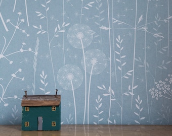 SAMPLE Paper Meadow wallpaper in 'Teal' by Hannah Nunn, a blue floral botanical wall covering with meadow seed heads and grasses