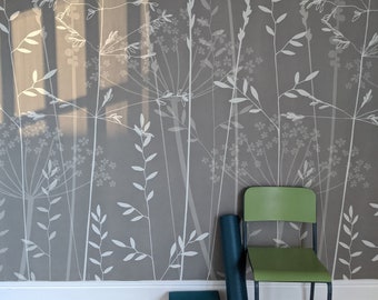 A ONE METRE piece of In the Tall Grass wallpaper in 'silver' by Hannah Nunn, a  bold, mural print of over sized meadow grasses