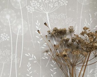 SAMPLE Paper Meadow wallpaper in 'mallow' by Hannah Nunn, a grey/pink, botanical wall covering with meadow seed heads and grasses