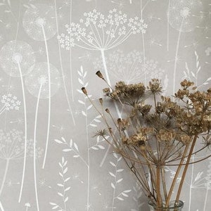 SAMPLE Paper Meadow wallpaper in 'mallow' by Hannah Nunn, a grey/pink, botanical wall covering with meadow seed heads and grasses