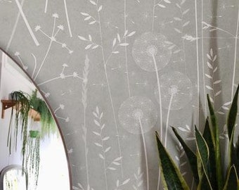 SAMPLE Paper Meadow wallpaper in 'brume' by Hannah Nunn, a grey/green botanical wall covering with meadow seed heads and grasses
