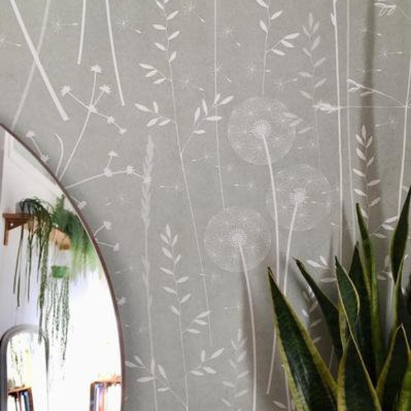 SAMPLE Paper Meadow wallpaper in 'brume' by Hannah Nunn, a grey/green botanical wall covering with meadow seed heads and grasses