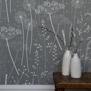 SAMPLE Paper Meadow wallpaper in 'charcoal' by Hannah Nunn, a dark grey botanical wall covering with meadow seed heads and grasses