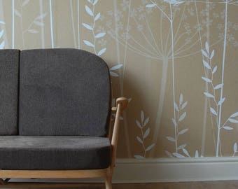 In the Tall Grass wallpaper in 'kraft' by Hannah Nunn, a  bold, mural print of over sized meadow grasses and queen anne's lace