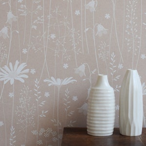 SAMPLE Daisy Meadow wallpaper in 'dusk' by Hannah Nunn, a soft pink, floral meadow wall covering with daisies, harebells and grasses image 2