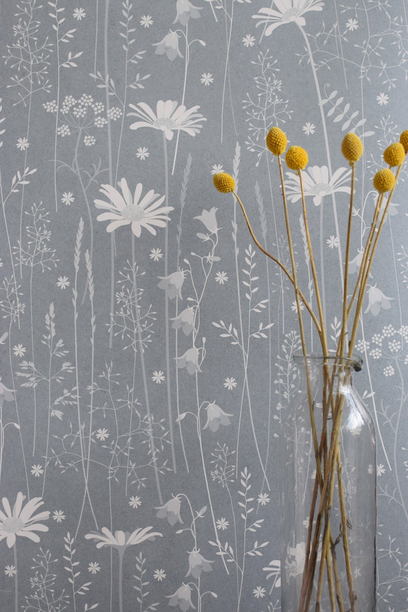 SAMPLE Daisy Meadow wallpaper in 'moonrise' by Hannah Nunn, a dusky blue, floral meadow wall covering with daisies, harebells and grasses image 1