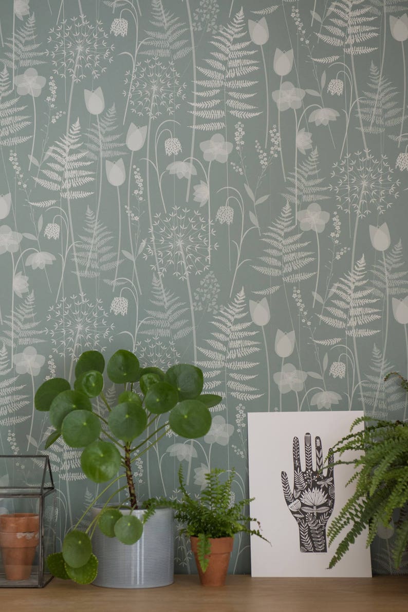 Charlotte's Garden wallpaper in 'heath' by Hannah Nunn, a green floral, botanical wall covering inspired by the Bronte sisters garden image 2