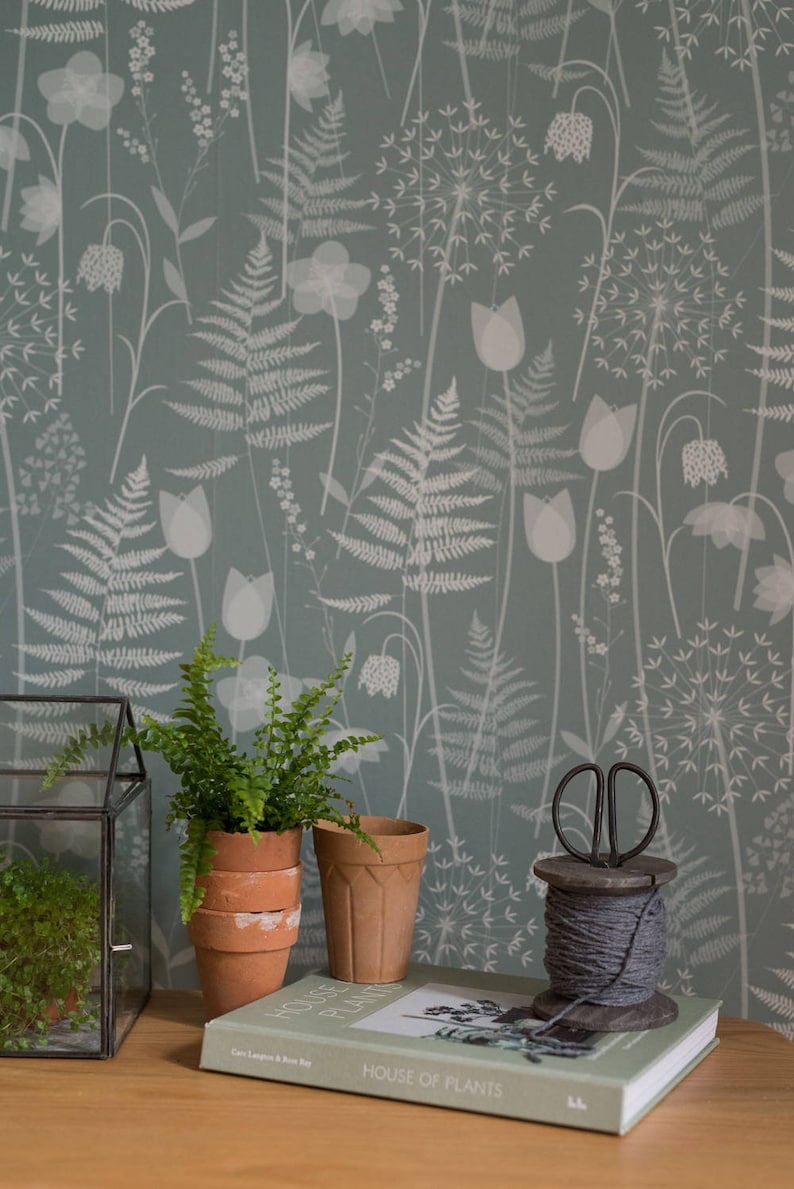 Charlotte's Garden wallpaper in 'heath' by Hannah Nunn, a green floral, botanical wall covering inspired by the Bronte sisters garden image 1