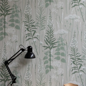 Wild Edge wallpaper in &#39;nettle&#39; by Hannah Nunn // a green and white botanical wild flower nature wallpaper featuring fireweed and hogweed