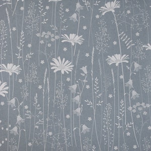 SAMPLE Daisy Meadow wallpaper in 'moonrise' by Hannah Nunn, a dusky blue, floral meadow wall covering with daisies, harebells and grasses image 2