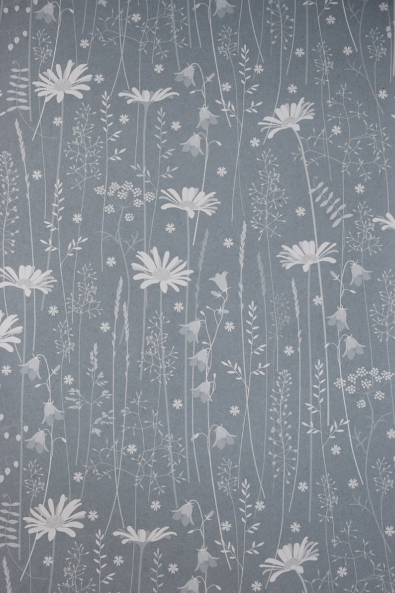 SAMPLE Daisy Meadow wallpaper in 'moonrise' by Hannah Nunn, a dusky blue, floral meadow wall covering with daisies, harebells and grasses image 2