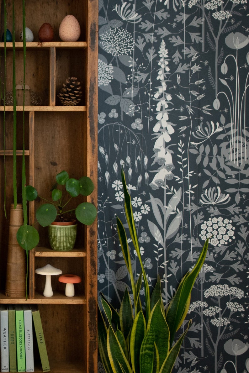 Hedgerow wallpaper in 'nocturne' by Hannah Nunn, a deep, dark blue botanical wall covering with a wild tangle of plants and flowers image 3