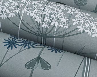 SAMPLE of Wild Edge in 'shadow' by Hannah Nunn // a green and grey  botanical wallpaper with dark blue wild flowers