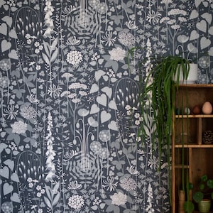 Hedgerow wallpaper in 'nocturne' by Hannah Nunn, a deep, dark blue botanical wall covering with a wild tangle of plants and flowers image 5