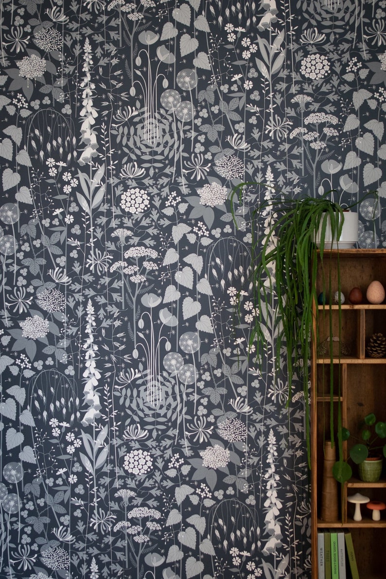 Hedgerow wallpaper in 'nocturne' by Hannah Nunn, a deep, dark blue botanical wall covering with a wild tangle of plants and flowers image 5