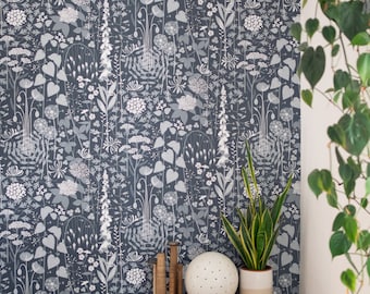 A ONE METRE piece of wallpaper for your project - Hedgerow wallpaper in 'nocturne', a dark blue wall covering with a wild flower design