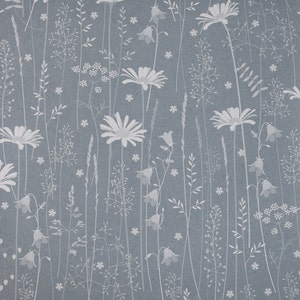 Daisy Meadow wallpaper in 'moonrise' by Hannah Nunn, a dusky blue wall covering with a summer meadow print of daisies, harebells and grasses image 5