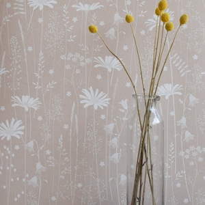 SAMPLE Daisy Meadow wallpaper in 'dusk' by Hannah Nunn, a soft pink, floral meadow wall covering with daisies, harebells and grasses image 3