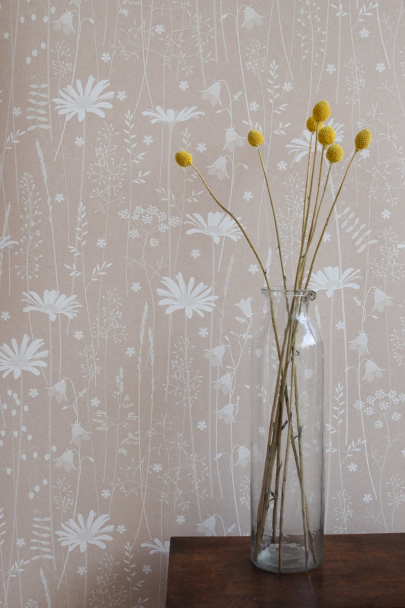 SAMPLE Daisy Meadow wallpaper in 'dusk' by Hannah Nunn, a soft pink, floral meadow wall covering with daisies, harebells and grasses image 3