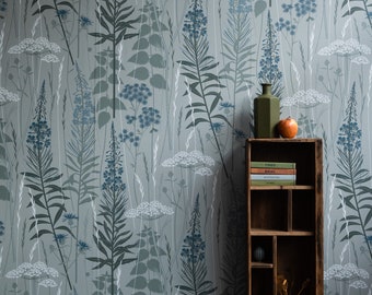 Wild Edge wallpaper in 'shadow' by Hannah Nunn // a green, grey and dark blue botanical wild flower nature wallpaper featuring fireweed
