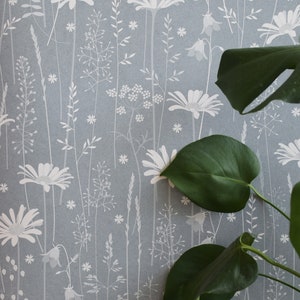 SAMPLE Daisy Meadow wallpaper in 'moonrise' by Hannah Nunn, a dusky blue, floral meadow wall covering with daisies, harebells and grasses image 3