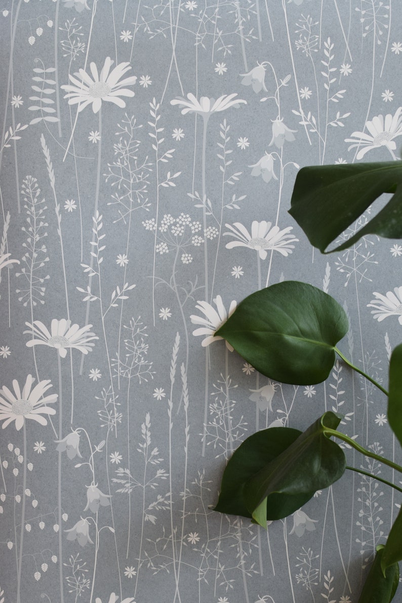 SAMPLE Daisy Meadow wallpaper in 'moonrise' by Hannah Nunn, a dusky blue, floral meadow wall covering with daisies, harebells and grasses image 3