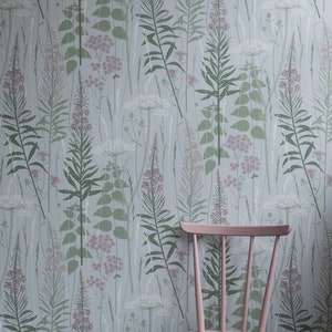 Wild Edge wallpaper in &#39;full bloom&#39; by Hannah Nunn // a pink and green botanical wild flower nature wallpaper