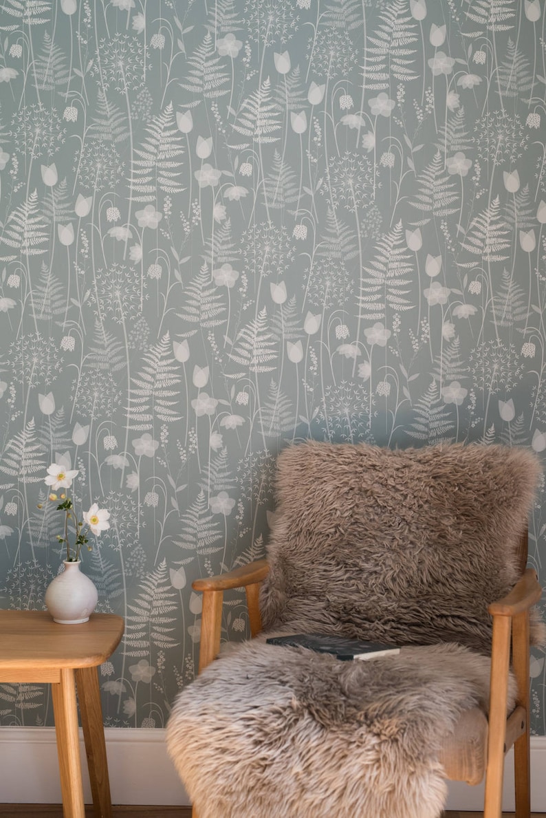 Charlotte's Garden wallpaper in 'heath' by Hannah Nunn, a green floral, botanical wall covering inspired by the Bronte sisters garden image 4