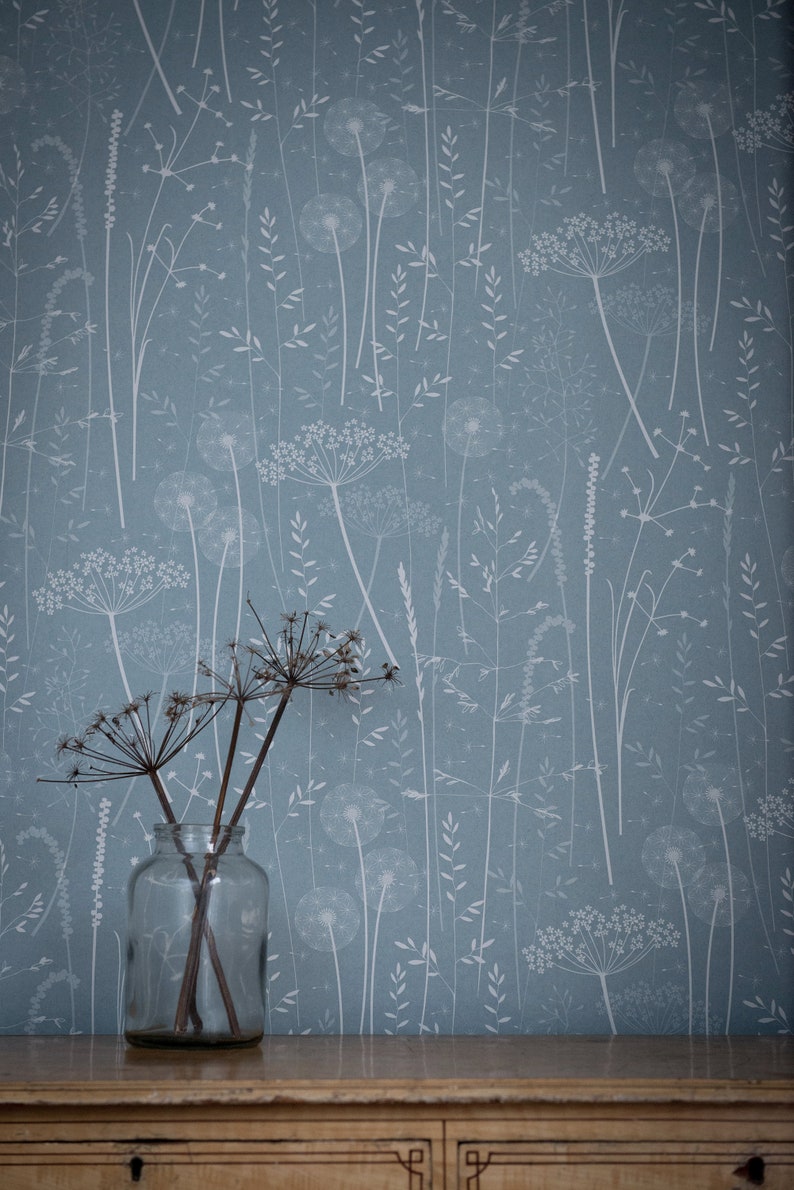 SAMPLE Blue Teal Floral Tonal Botanical Dandelion Woodland Wallpaper Paper Meadow in /'Teal/' by Hannah Nunn