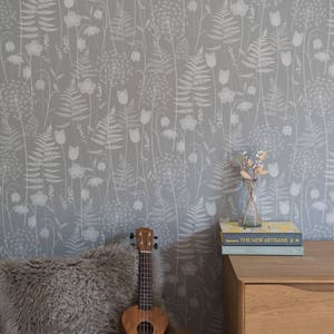 SAMPLE Charlotte's Garden wallpaper in 'mist' by Hannah Nunn, a grey floral, botanical wall covering inspired by the Bronte sisters garden image 2