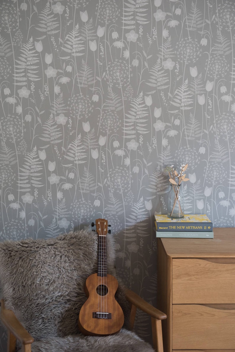 SAMPLE Warm Light Grey Floral Fern Tonal Botanical Woodland Wallpaper Bronte Sisters Charlotte/'s Garden in /'Mist/' by Hannah Nunn