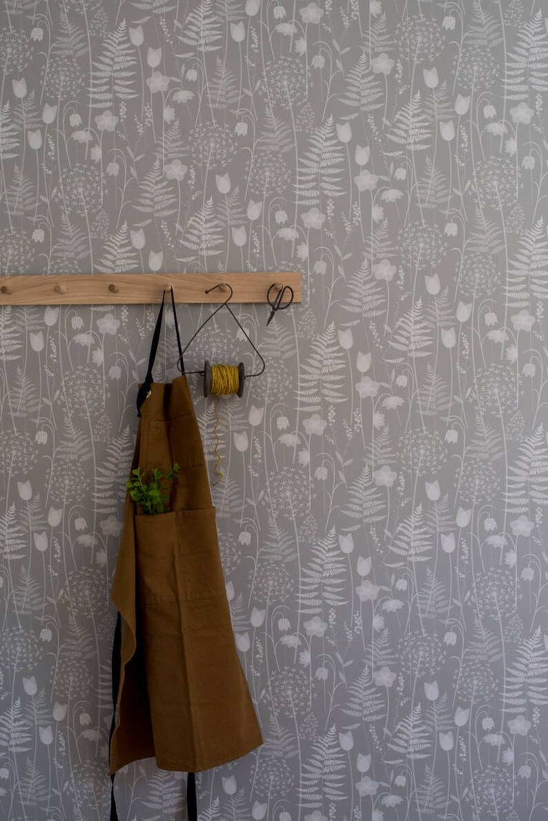 SAMPLE Warm Light Grey Floral Fern Tonal Botanical Woodland Wallpaper Bronte Sisters Charlotte/'s Garden in /'Mist/' by Hannah Nunn
