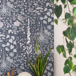 Hedgerow wallpaper in 'nocturne' by Hannah Nunn, a deep, dark blue botanical wall covering with a wild tangle of plants and flowers image 2