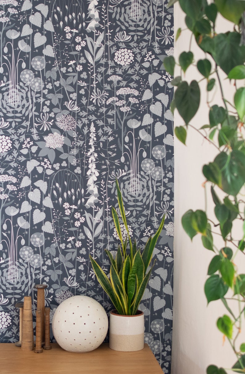 Hedgerow wallpaper in 'nocturne' by Hannah Nunn, a deep, dark blue botanical wall covering with a wild tangle of plants and flowers image 2