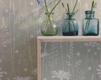 A ONE METRE piece of wallpaper for your project - Daisy Meadow in 'sage' a soft green pattern with ox eye daisies and grasses